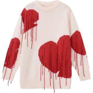 Fringed Heart Print Sweater Off-white - One Size