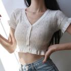 Plain Perforated V-neck Short-sleeve Knit Top