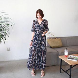 Elbow-sleeve Patterned Tiered Maxi Dress