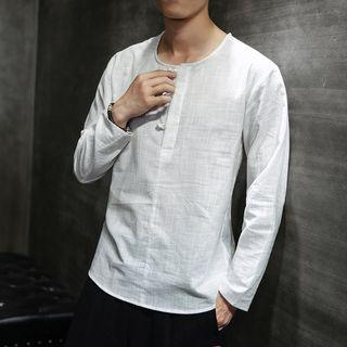 Long-sleeve Frog-button Linen Top