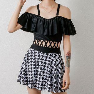 Cold-shoulder Cutout Houndstooth Swimdress