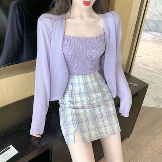 Spaghetti Strap Shirred Top / Plaid Fitted Mini Skirt / Sheer Cardigan