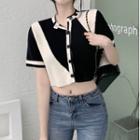Short-sleeve Round-neck Cropped Color-block Knit Top