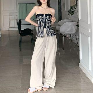 Print Slim-fit Tube Top / Plain Loose-fit Pants
