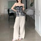 Print Slim-fit Tube Top / Plain Loose-fit Pants