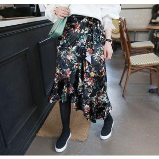 Floral Pattern Velvet Midi Surplice-wrap Skirt