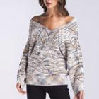Off-shoulder Long-sleeved Loose-fit V-neck Plain Knitted Sweater