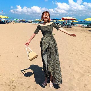 Off-shoulder Smocked Floral Maxi Wrap Dress
