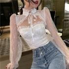 Cut-out Long-sleeve Lace Top / Midi Mesh Skirt