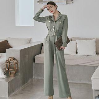 Long-sleeve Collared Wide Leg Jumpsuit