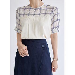 Round-neck Sheer Plaid-panel Top