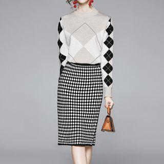 Set: Argyle Sweater + Midi Fitted Knit Skirt Gray - One Size