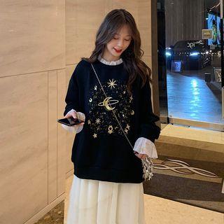 Planet Embroidered Sweater / Midi A-line Layered Skirt