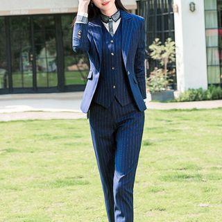 Set: Pinstriped Blazer + Vest + Dress Pants + Tie-neck / Contrast Trim Shirt
