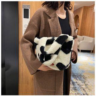 Heart Print Fluffy Tote Bag Black Heart - White - One Size