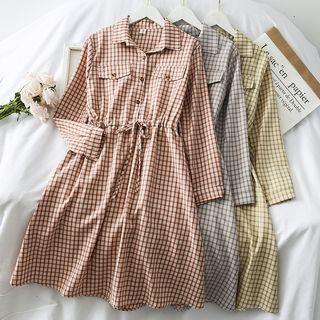 Drawstring-waist Checker Shirtdress