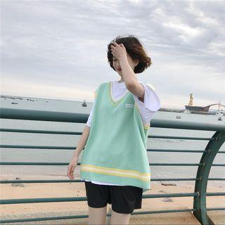 Plain Elbow-sleeve Oversize T-shirt / Contrast Trim Knit Vest / Set