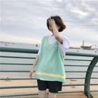 Plain Elbow-sleeve Oversize T-shirt / Contrast Trim Knit Vest / Set