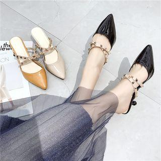 Studded Strap Pointy Toe High Heel Mules