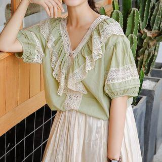 Short-sleeve Lace Panel Top Green - One Size