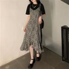 Short-sleeve T-shirt / Spaghetti Strap Print Irregular Hem Midi A-line Dress