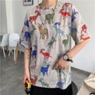 Goat Print Elbow-sleeve T-shirt