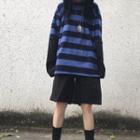 Mock Two-piece Striped Long-sleeve Oversize T-shirt Navy Blue - One Size