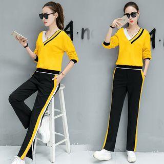 Set: Long-sleeve V-neck Top + Contrast-color Pants