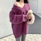 Plain V-neck Loose-fit Sweater Purple - One Size