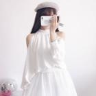 Set : Open Shoulder Long-sleeve Blouse + Mesh Midi Skirt