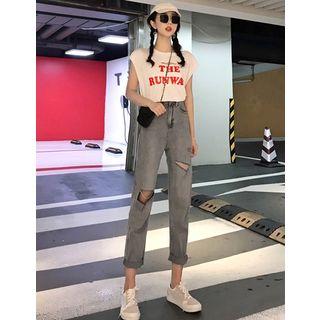 Printed T-shirt / Cutout Slim-fit Jeans