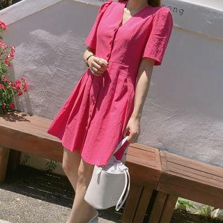 V-neck Pintuck-trim Shirtdress