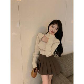 Mock-neck Cut-out Sweater / Camisole Top / Mini Pleated Skirt