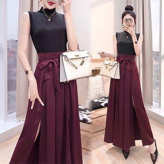 Set: Sleeveless Mock-neck Top + A-line Wide-leg Pants