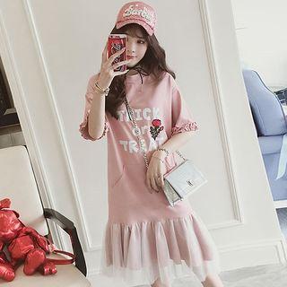 Lettering Mesh Hem Elbow Sleeve Dress