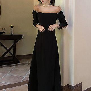 Off-shoulder Long-sleeve Mesh Panel Midi A-line Dress
