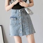 Button-up Frayed Denim Mini A-line Skirt