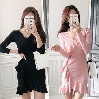 Long-sleeve Ruffled Mermaid Sheath Dress