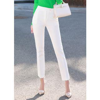 Faux-pearl Button Tab-front Straight-cut Dress Pants