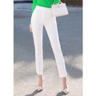 Faux-pearl Button Tab-front Straight-cut Dress Pants