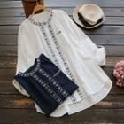Embroidered Stand Collar Long-sleeve Blouse