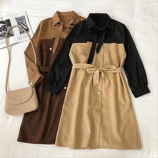 Paneled Tie-neck Long-sleeve A-line Dress