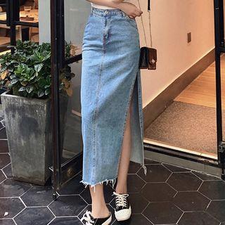 Spaghetti Strap Top / Split Side Midi Denim Skirt