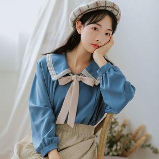 Long-sleeve Ribbon-neck Shirt