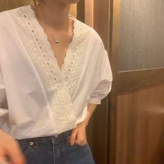 Eyelet Lace V-neck Loose-fit Blouse
