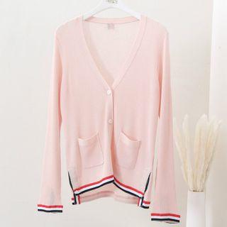 V-neck Contrast Trim Cardigan Pink - One Size