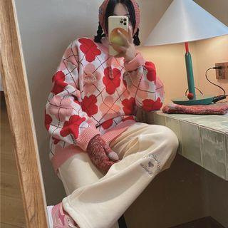Embroidered Floral Argyle Sweater