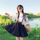 Short-sleeve Embroidered Top / Pleated Suspender Skirt