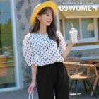 Plus Size Puff-sleeve Dotted Blouse