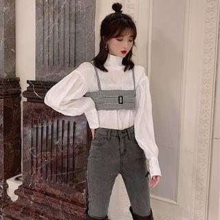 Set: Balloon-sleeve Blouse + Houndstooth Crop Top Camisole - Houndstooth - Black & White - One Size / Shirt - White - One Size